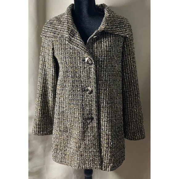 Additions By Chicos Brown Tweed Lined Jacket Coat Large Buttons Up Size 0 S/4 - Picture 1 of 8
